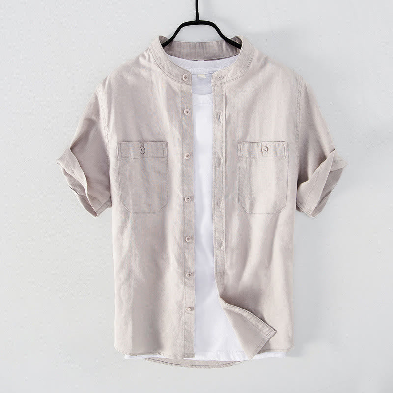 Buddha Stones Camisa informal de lino y algodón de manga corta para hombre, con cuello alto, botones sencillos y bolsillos delanteros. - Lino - US/UK/AU42, EU52 (3XL) - image 8
