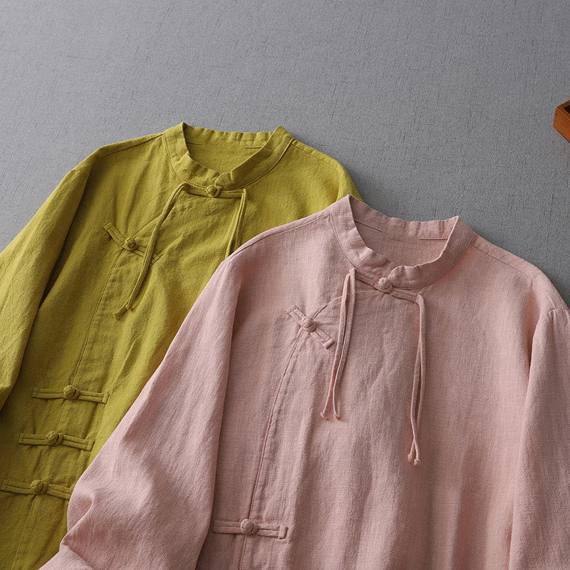 Camisa de Buddha Stones y algodón de manga larga para mujer, estilo vintage chino con diseño de rana y botones, cuello alto y diseño zen. - image 8