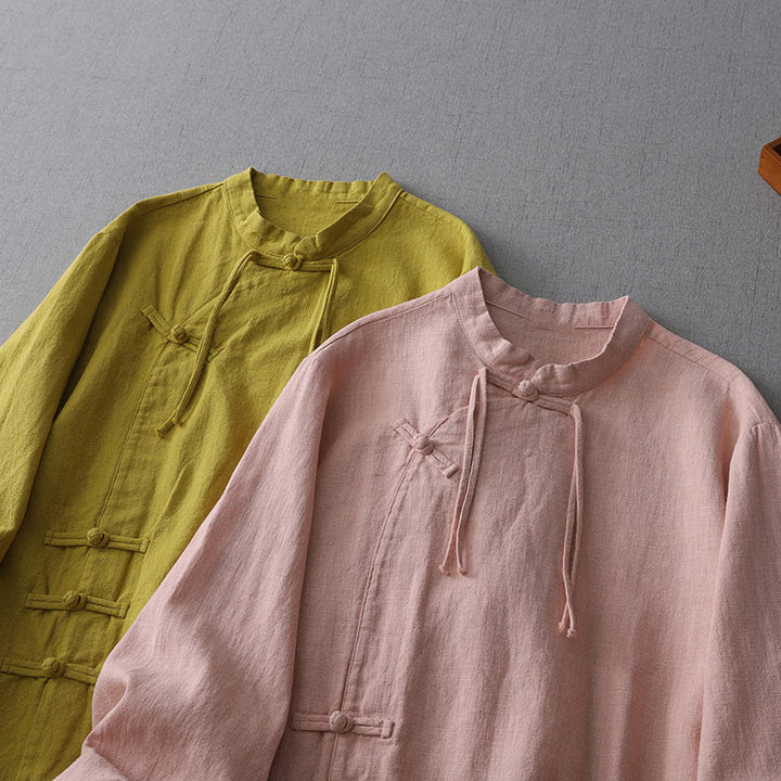 Camisa de Buddha Stones y algodón de manga larga para mujer, estilo vintage chino con diseño de rana y botones, cuello alto y diseño zen. - image 8