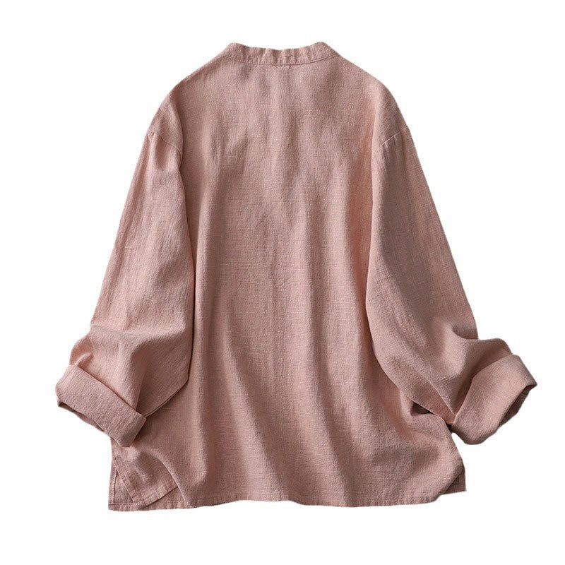 Camisa de Buddha Stones y algodón de manga larga para mujer, estilo vintage chino con diseño de rana y botones, cuello alto y diseño zen. - image 5