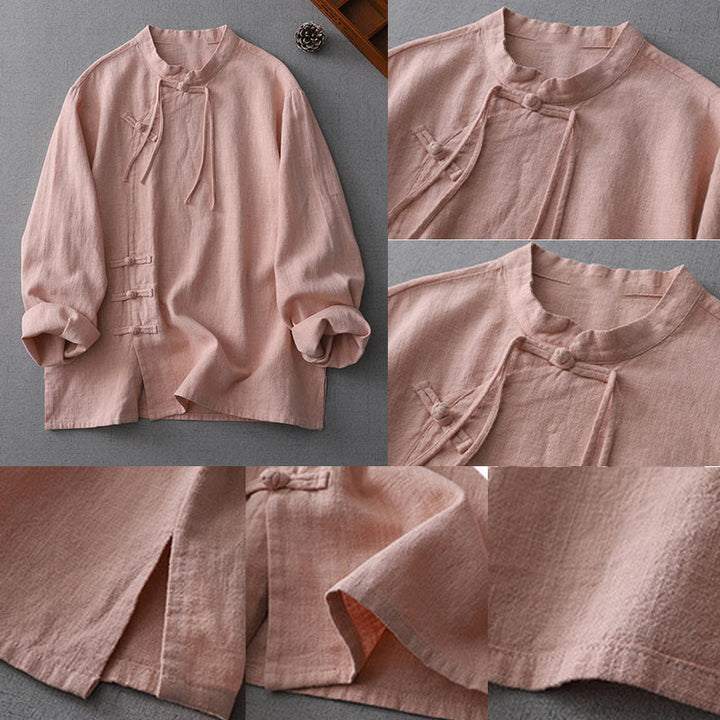 Camisa de Buddha Stones y algodón de manga larga para mujer, estilo vintage chino con diseño de rana y botones, cuello alto y diseño zen. - image 4