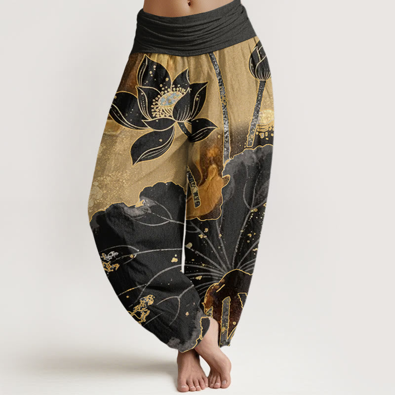 Pantalones harén con cintura elástica para mujer, con estampado de pétalos de loto y Buddha Stones - Negro - US22,UK/AU26,EU54 (6XL) - image 1