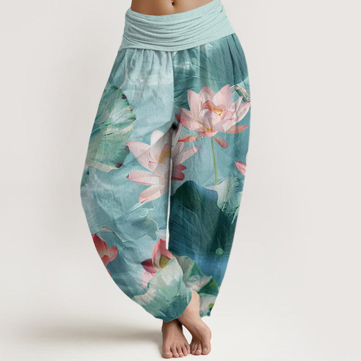 Pantalones harén informales con cintura elástica para mujer, con estampado de pétalos de loto y Buddha Stones - Turquesa pálido - US22,UK/AU26,EU54 (6XL) - image 1