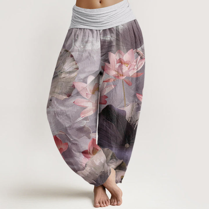 Pantalones harén informales con cintura elástica para mujer, con estampado de pétalos de loto y Buddha Stones - Cardo - US22,UK/AU26,EU54 (6XL) - image 5