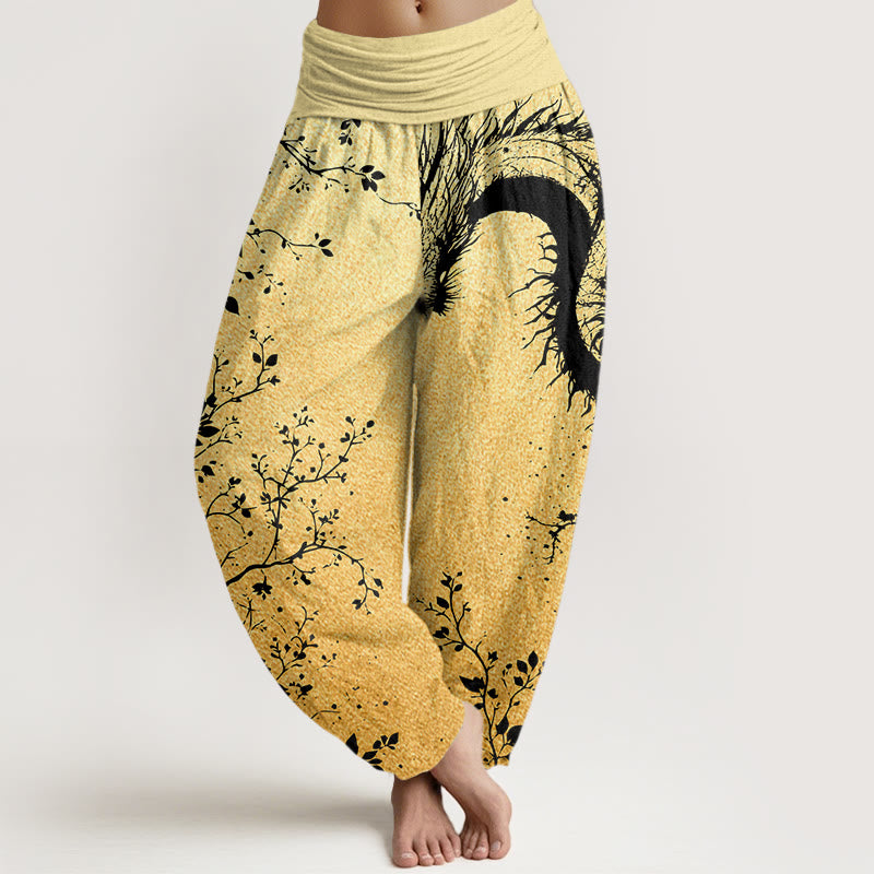 Pantalones harén con cintura elástica para mujer, con estampado de hojas, flores y dragones, estilo casual, de Buddha Stones - Caqui - US22,UK/AU26,EU54 (6XL) - image 8