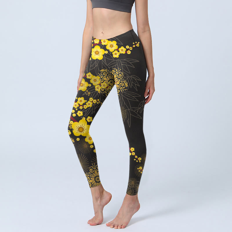 Leggings de yoga para mujer con estampado de Buddha Stones , flores de cerezo amarillas, hojas de bambú y fuegos artificiales - Negro - US18,UK/AU22,EU50 (4XL) - image 1