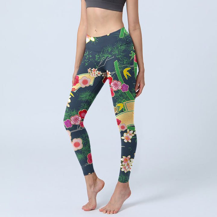 Leggings de yoga para mujer con estampado de Buddha Stones, flores de cerezo y bambú y pino - Verde oscuro - US18,UK/AU22,EU50 (4XL) - image 1