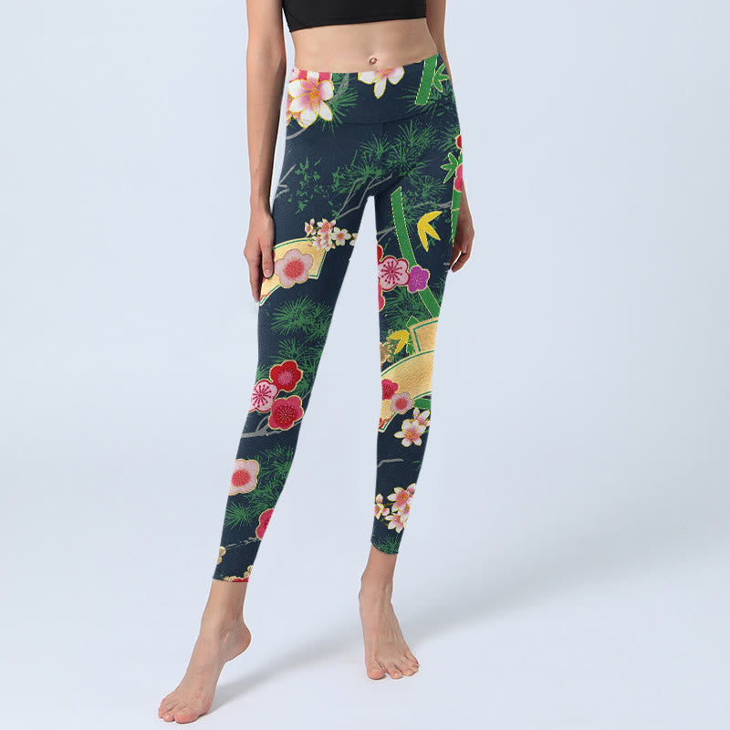 Leggings de yoga para mujer con estampado de Buddha Stones, flores de cerezo y bambú y pino - image 6