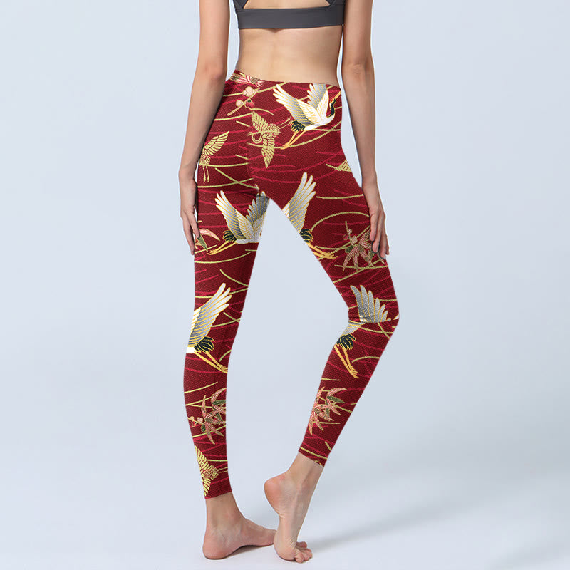 Leggings de yoga para mujer con estampado de grullas voladoras, ramas esbeltas y Buddha Stones - image 5