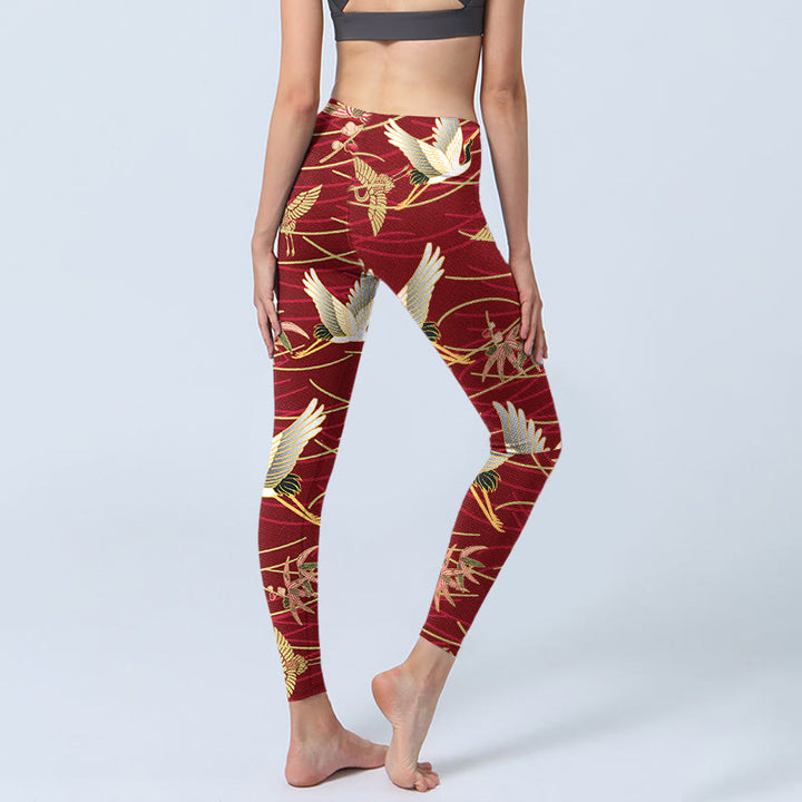 Leggings de yoga para mujer con estampado de grullas voladoras, ramas esbeltas y Buddha Stones - image 5