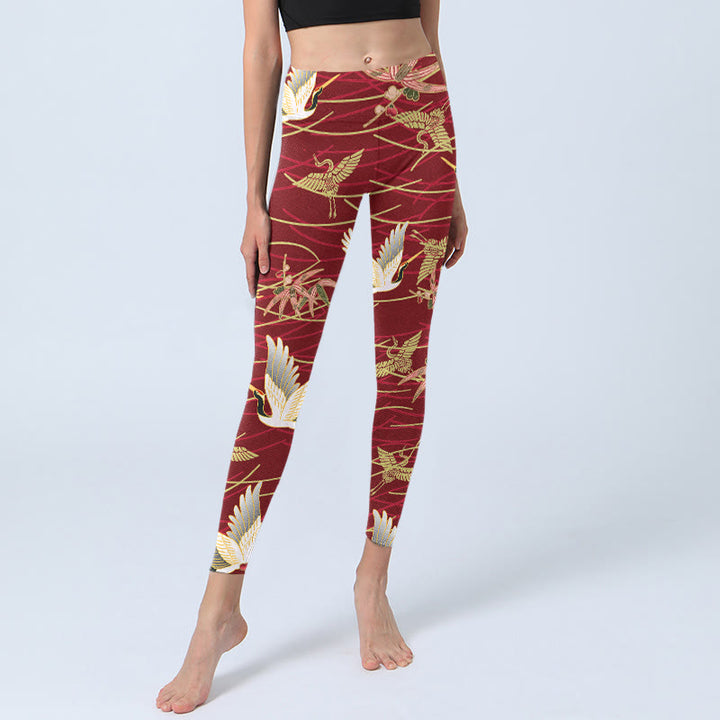 Leggings de yoga para mujer con estampado de grullas voladoras, ramas esbeltas y Buddha Stones - image 6