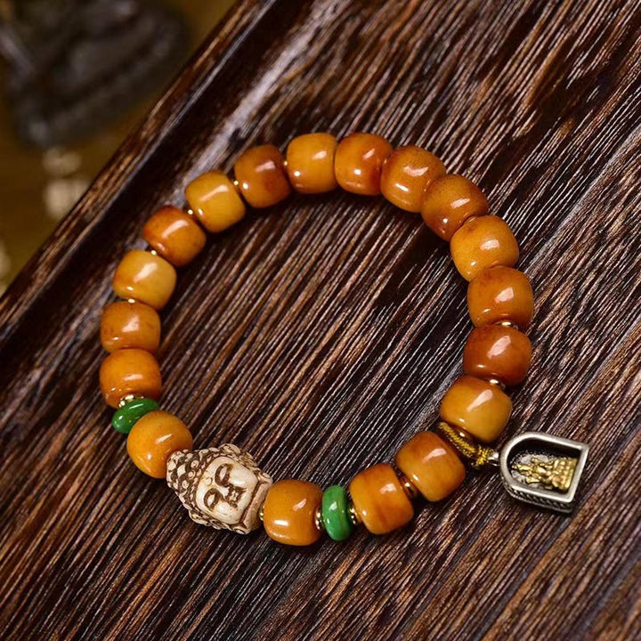 Pulsera de Buddha Stones con cuentas de hueso de camello tibetano natural, cabeza de Buda, protección de la suerte
