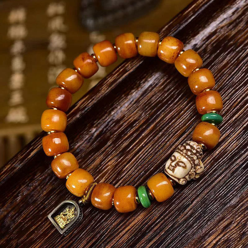 Pulsera de Buddha Stones con cuentas de hueso de camello tibetano natural, cabeza de Buda, protección de la suerte