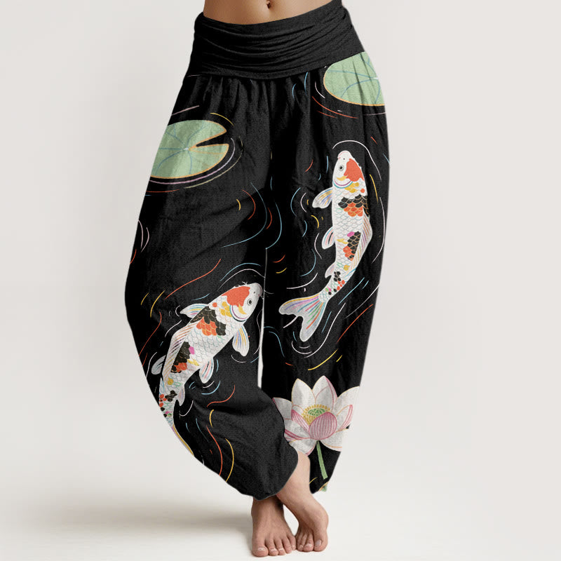 Pantalones harén con cintura elástica para mujer, con diseño de Buddha Stones, flor de loto, hojas de loto y pez koi, y ondas de agua. - Negro - US22,UK/AU26,EU54 (6XL) - image 1