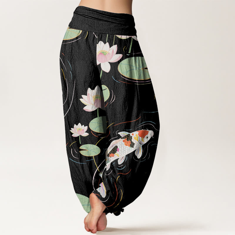 Pantalones harén con cintura elástica para mujer, con diseño de Buddha Stones, flor de loto, hojas de loto y pez koi, y ondas de agua. - image 2