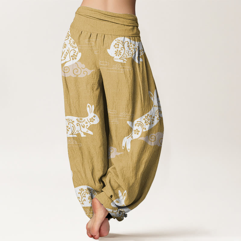 Pantalones harén con cintura elástica para mujer, con diseño de nubes auspiciosas y conejo blanco y Buddha Stones - image 6