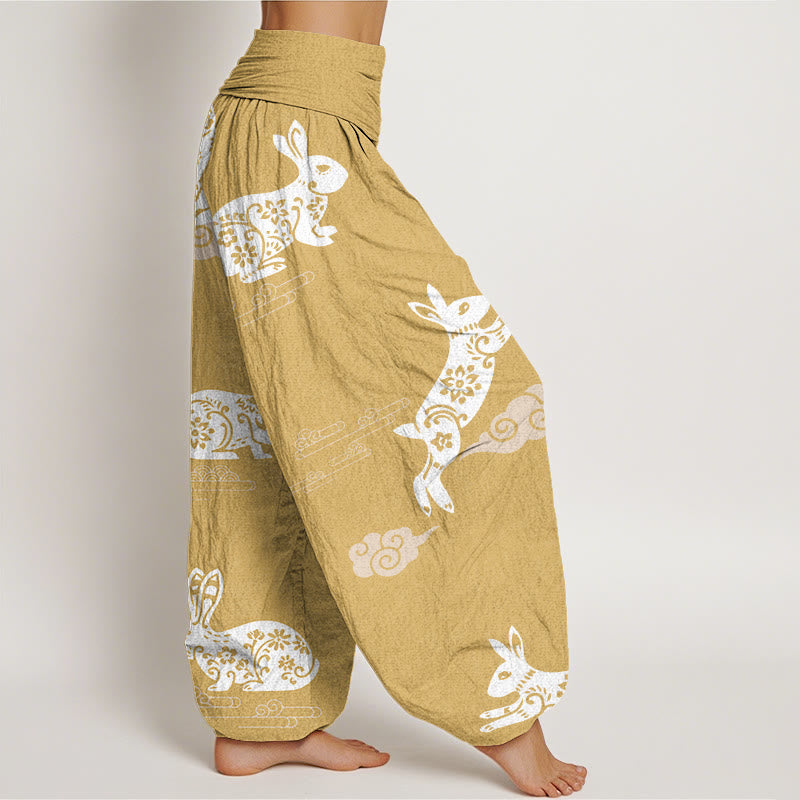 Pantalones harén con cintura elástica para mujer, con diseño de nubes auspiciosas y conejo blanco y Buddha Stones - image 7