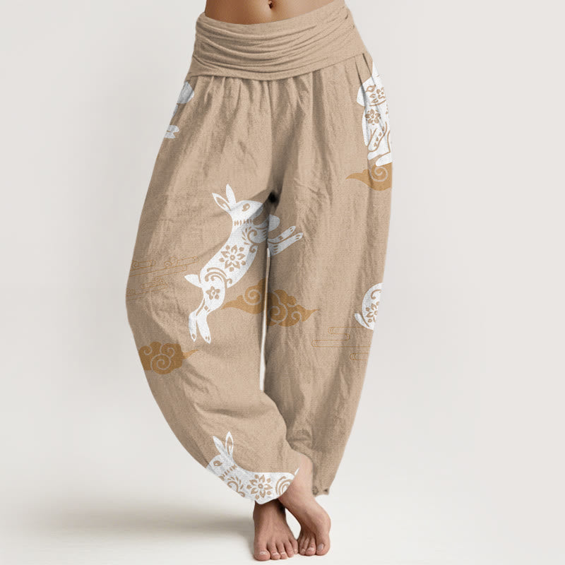 Pantalones harén con cintura elástica para mujer, con diseño de nubes auspiciosas y conejo blanco y Buddha Stones - BurlyWood - US22,UK/AU26,EU54 (6XL) - image 8