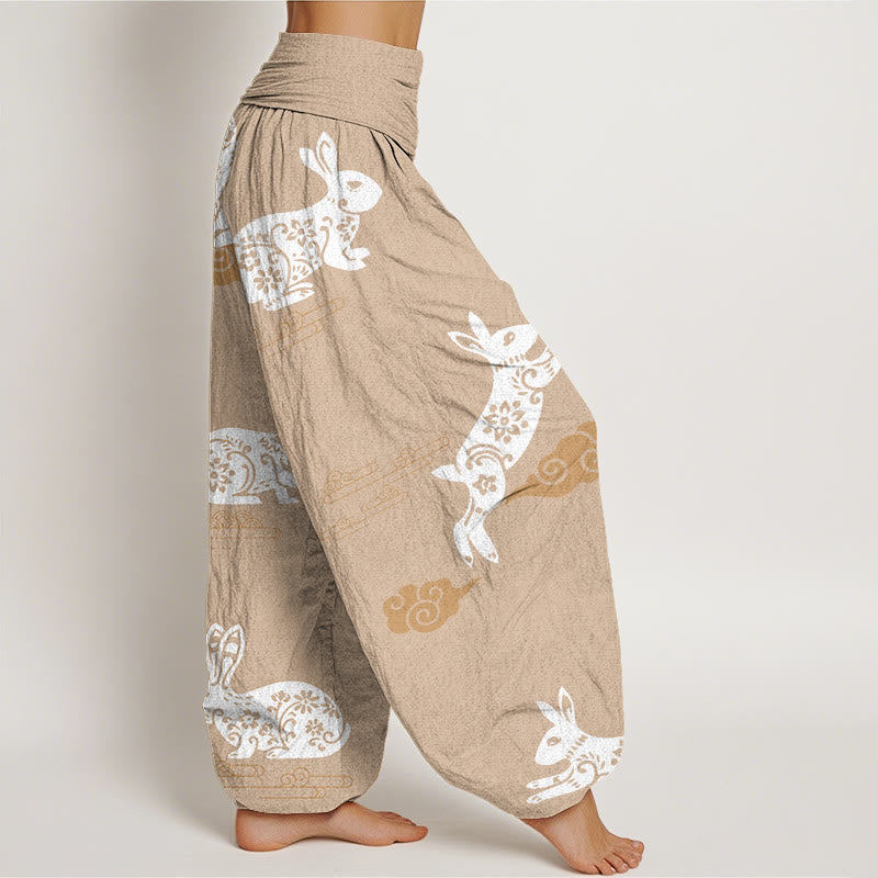 Pantalones harén con cintura elástica para mujer, con diseño de nubes auspiciosas y conejo blanco y Buddha Stones - image 10