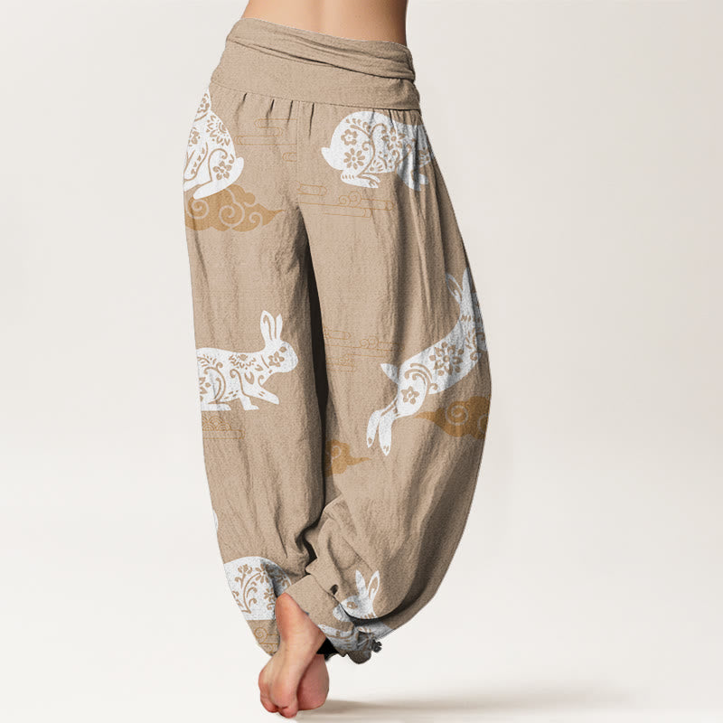 Pantalones harén con cintura elástica para mujer, con diseño de nubes auspiciosas y conejo blanco y Buddha Stones - image 9