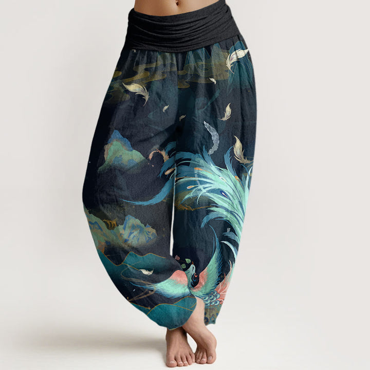 Pantalones harén con cintura elástica para mujer con diseño de nubes y montañas de fénix y piedras de Buddha Stones - Cian oscuro - US22,UK/AU26,EU54 (6XL) - image 1