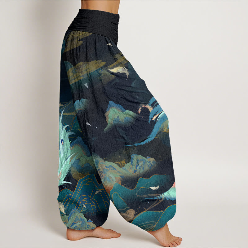 Pantalones harén con cintura elástica para mujer con diseño de nubes y montañas de fénix y piedras de Buddha Stones - image 3