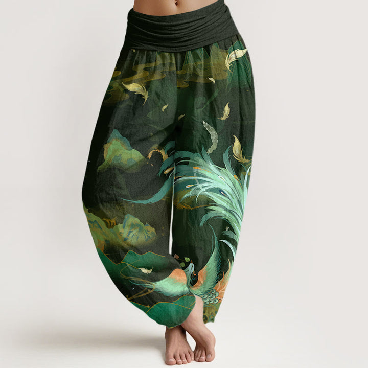 Pantalones harén con cintura elástica para mujer con diseño de nubes y montañas de fénix y piedras de Buddha Stones - Verde oliva - US22,UK/AU26,EU54 (6XL) - image 5