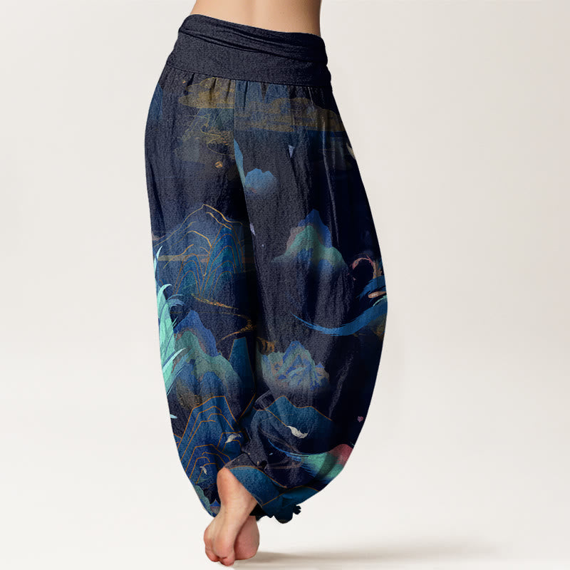 Pantalones harén con cintura elástica para mujer con diseño de nubes y montañas de fénix y piedras de Buddha Stones - image 9