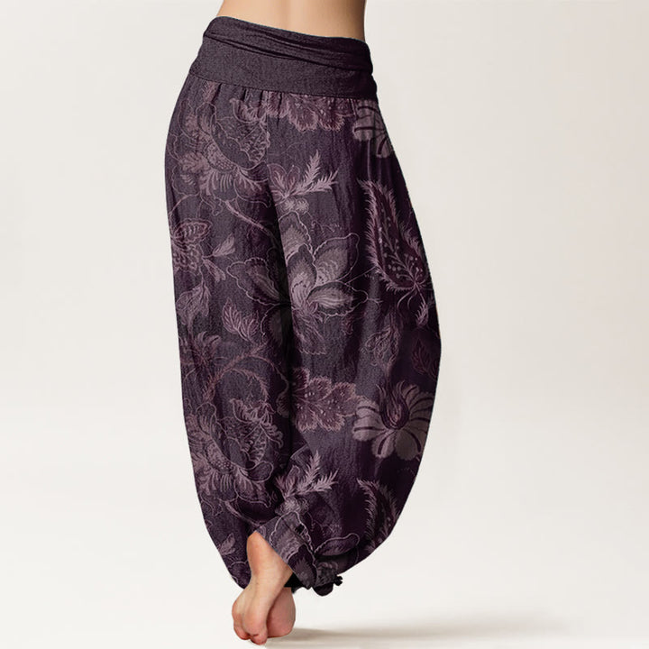 Pantalones harén de algodón puro con estampado floral y hojas de Buddha Stones para mujer, cintura elástica