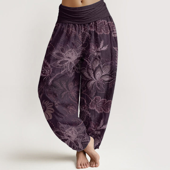 Pantalones harén de algodón puro con estampado floral y hojas de Buddha Stones para mujer, cintura elástica