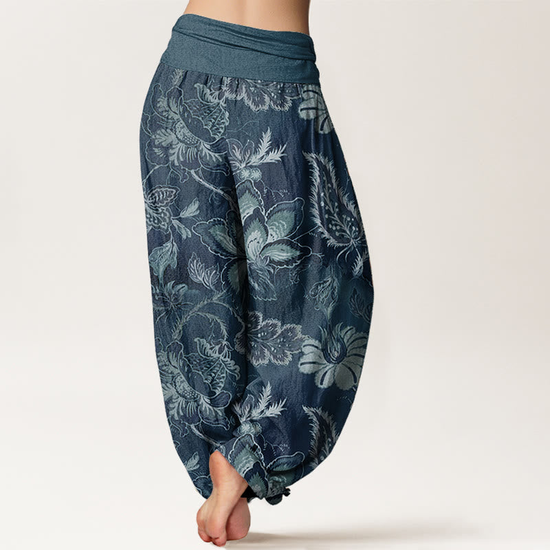 Pantalones harén de algodón puro con estampado floral y hojas de Buddha Stones para mujer, cintura elástica