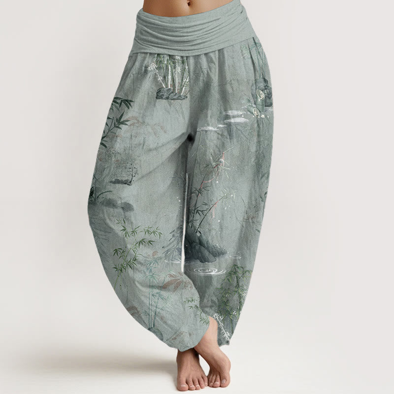 Pantalones harén de algodón puro con estampado de Buddha Stones , informales, de bambú y tinta de roca, con cintura elástica para mujer - Verde mar oscuro - US22,UK/AU26,EU54 (6XL) - image 9