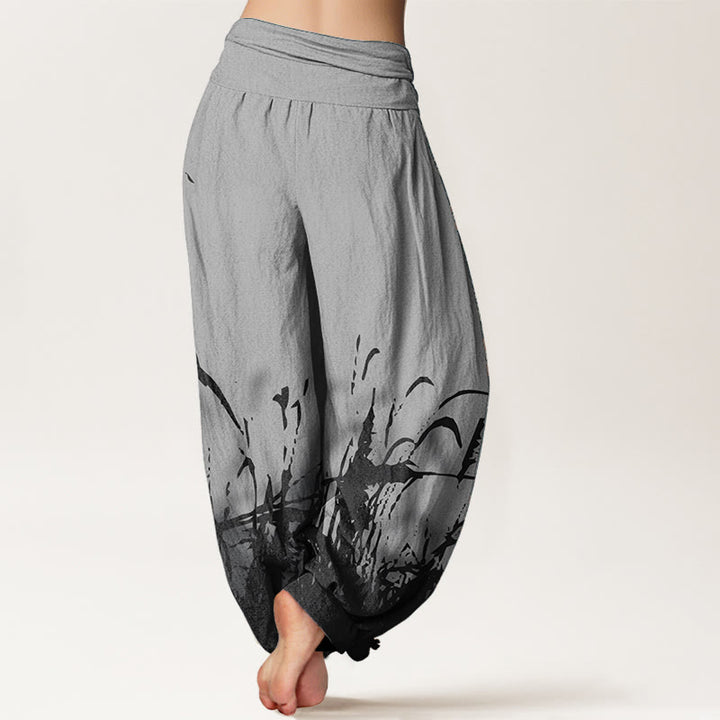 Pantalones harén de algodón puro con estampado de hierba silvestre y Buddha Stones para mujer, cintura elástica
