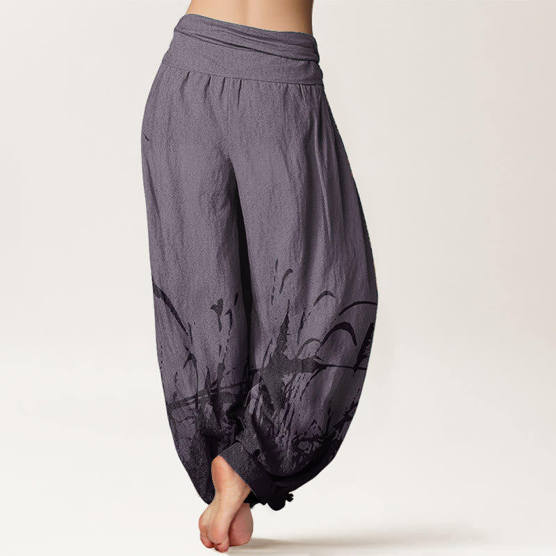 Pantalones harén de algodón puro con estampado de hierba silvestre y Buddha Stones para mujer, cintura elástica