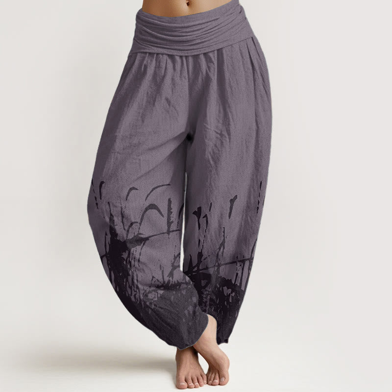Pantalones harén de algodón puro con estampado de hierba silvestre y Buddha Stones para mujer, cintura elástica