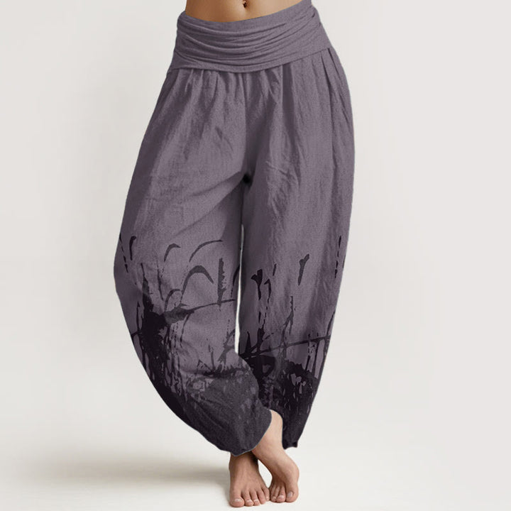Pantalones harén de algodón puro con estampado de hierba silvestre y Buddha Stones para mujer, cintura elástica