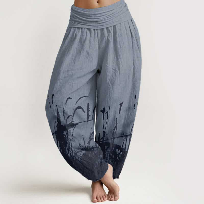 Pantalones harén de algodón puro con estampado de hierba silvestre y Buddha Stones para mujer, cintura elástica