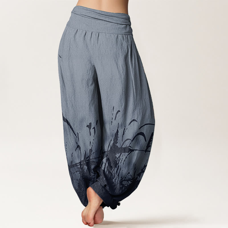 Pantalones harén de algodón puro con estampado de hierba silvestre y Buddha Stones para mujer, cintura elástica