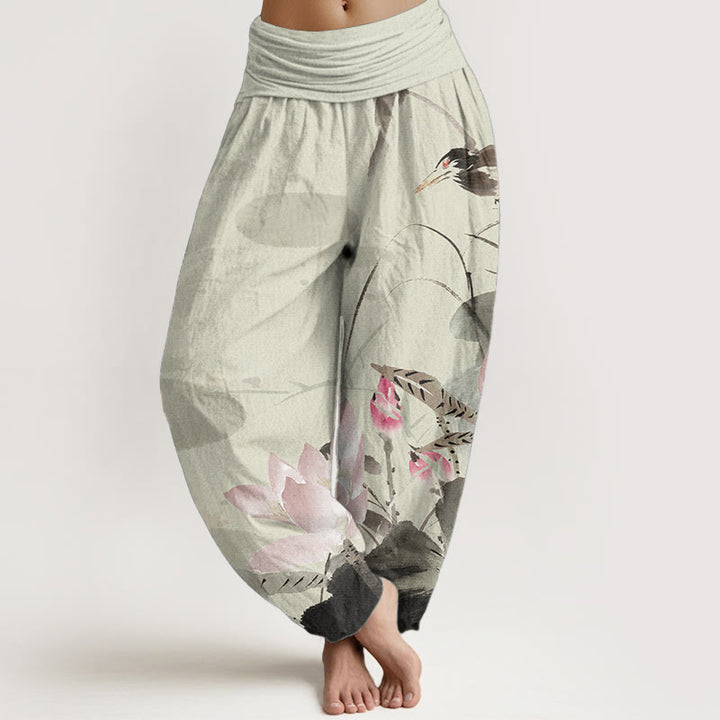 Pantalones harén de algodón puro con estampado de Buddha Stones de loto rosa y pájaro para mujer, con cintura elástica