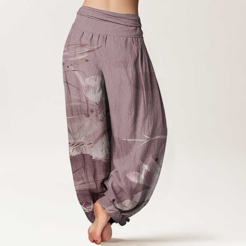 Pantalones harén de algodón puro con estampado de Buddha Stones de loto rosa y pájaro para mujer, con cintura elástica