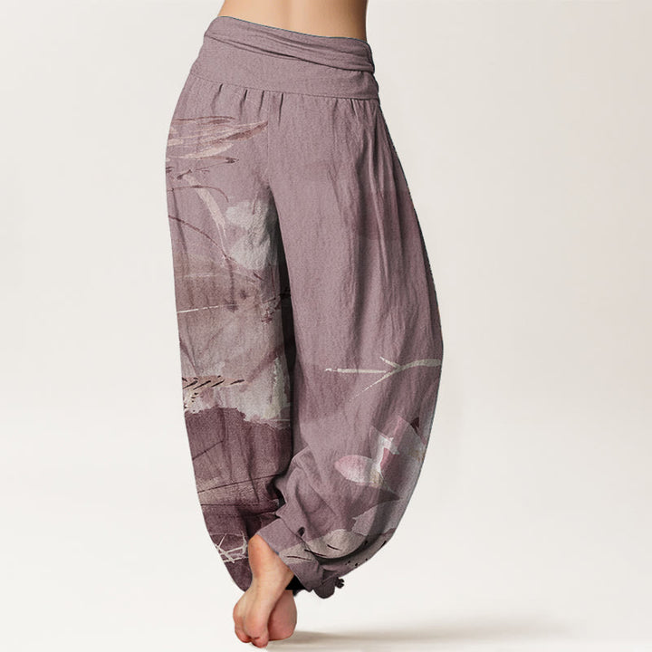 Pantalones harén de algodón puro con estampado de Buddha Stones de loto rosa y pájaro para mujer, con cintura elástica
