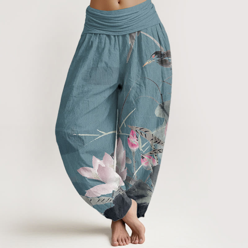 Pantalones harén de algodón puro con estampado de Buddha Stones de loto rosa y pájaro para mujer, con cintura elástica