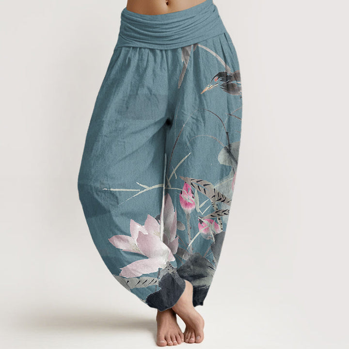 Pantalones harén de algodón puro con estampado de Buddha Stones de loto rosa y pájaro para mujer, con cintura elástica
