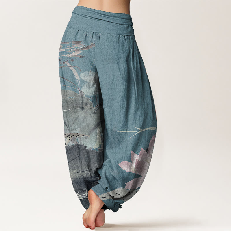 Pantalones harén de algodón puro con estampado de Buddha Stones de loto rosa y pájaro para mujer, con cintura elástica