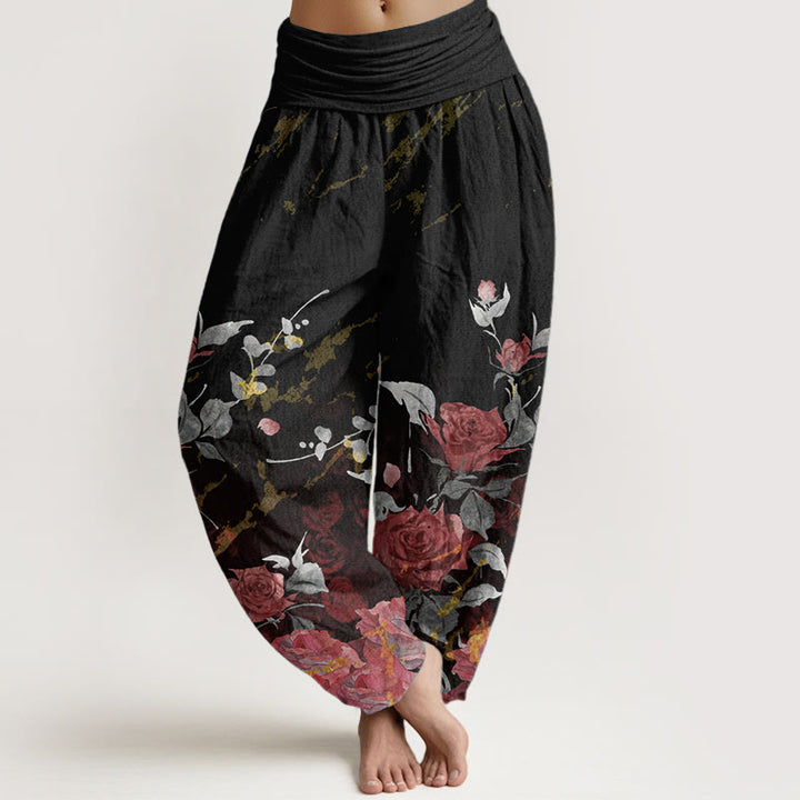 Pantalones Buddha Stones de algodón puro con estampado de rosas florecientes para mujer, cintura elástica