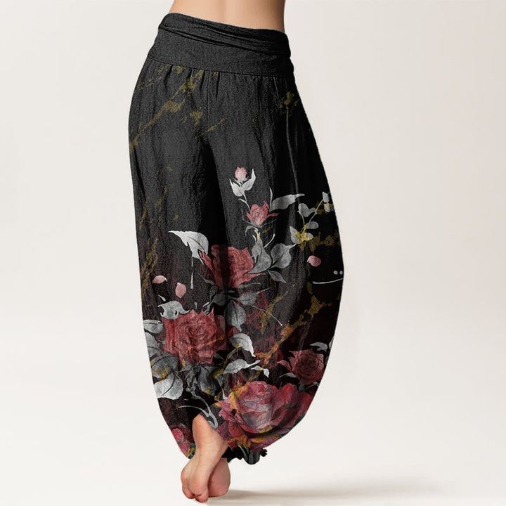 Pantalones Buddha Stones de algodón puro con estampado de rosas florecientes para mujer, cintura elástica