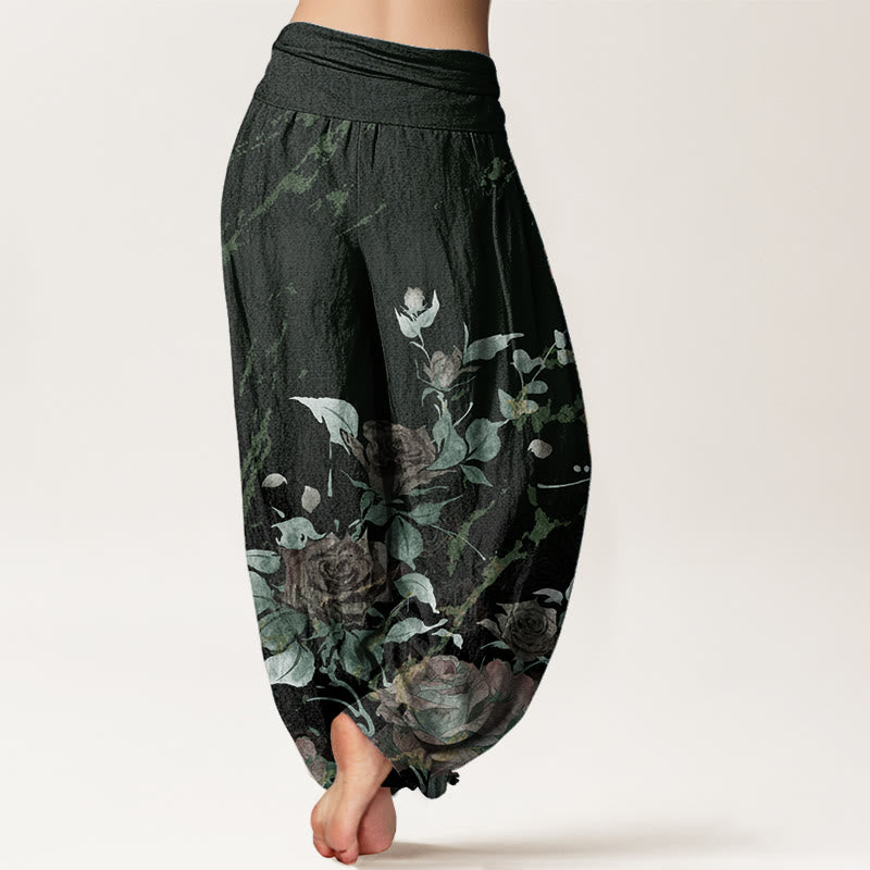 Pantalones Buddha Stones de algodón puro con estampado de rosas florecientes para mujer, cintura elástica