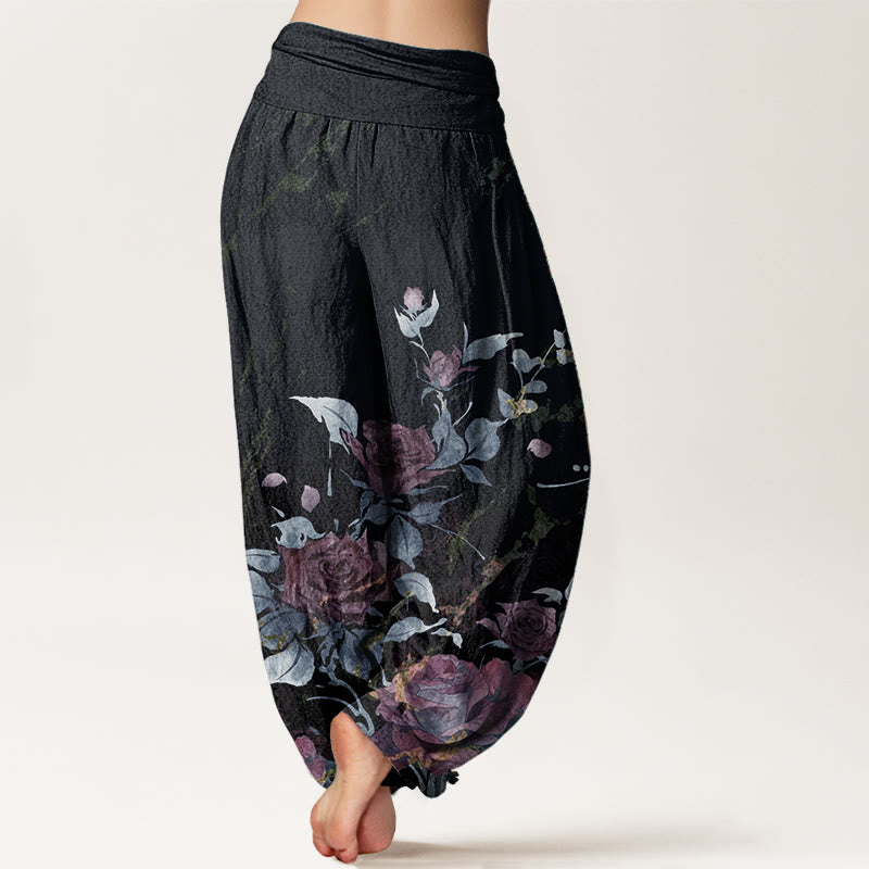 Pantalones Buddha Stones de algodón puro con estampado de rosas florecientes para mujer, cintura elástica