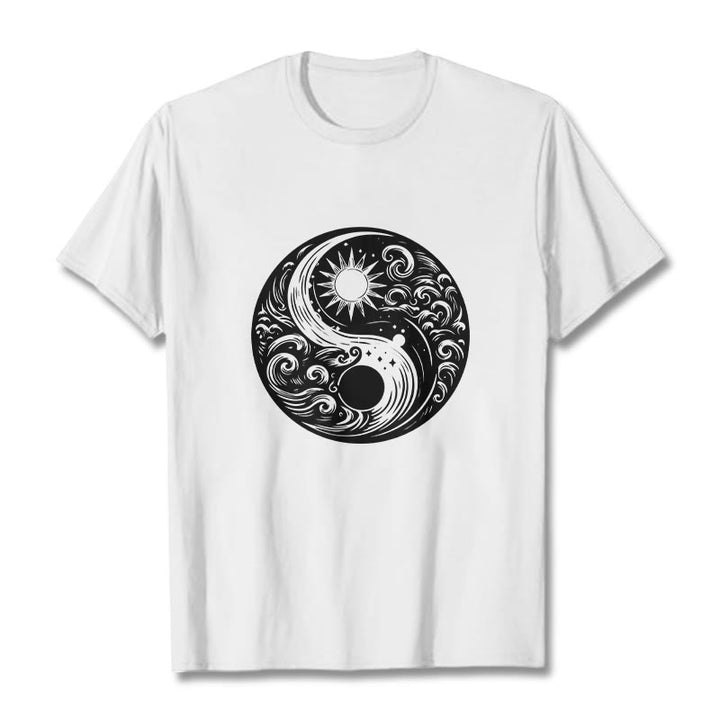 Camiseta de algodón con estampado de Buddha Stones, sol, luna, olas, Yin Yang - Blanco - 2XL - image 1