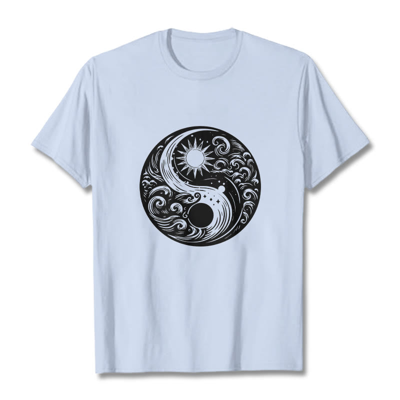 Camiseta de algodón con estampado de Buddha Stones, sol, luna, olas, Yin Yang - Cian claro - 2XL - image 19